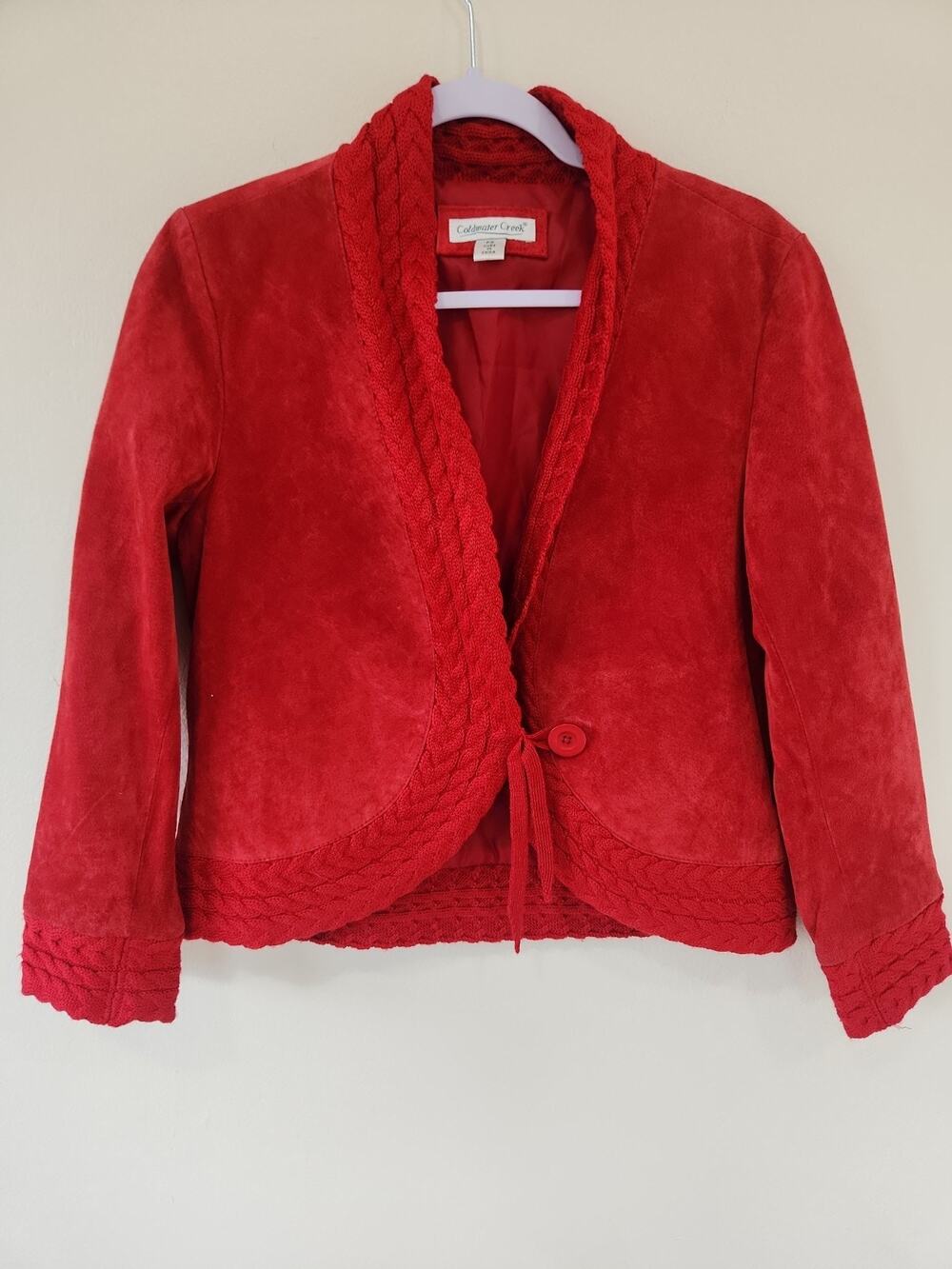 Coldwater Creek red leather bolero jacket with knit accents size Small Petite